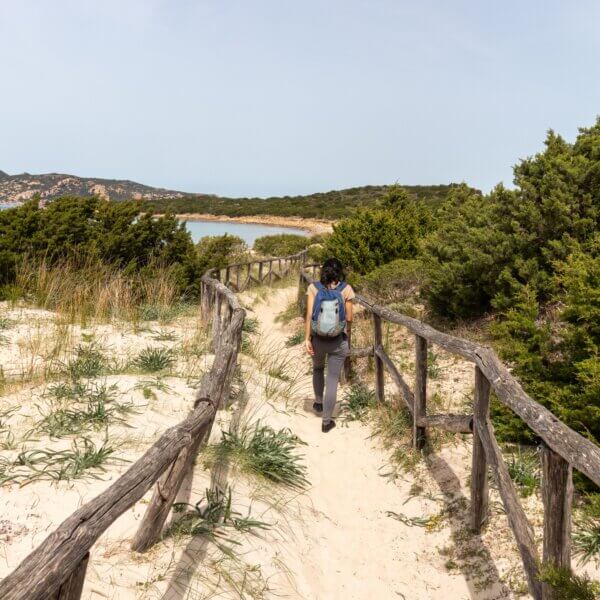 Woman hiking over wooden bridge over sand dunes at Cala Mesquida, Mallorca, Spain